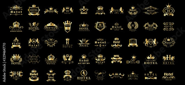 Fototapeta Golden Hotel Luxury Logo Set - Isolated On Black Background, Vector.Icons Collection Of Golden Hotel Logo, Emblem And Label.Useful For Badge,Seal And Design Template.Vector Illustration Of Luxury Logo