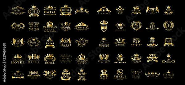 Fototapeta Golden Vip And Hotel Luxury Logo Set - Isolated On Black Background, Vector. Icons Collection Of Golden Vip Logo, Hotel Emblem And Label. Useful For Badge, Seal And Design Template. Luxury Logo Vector