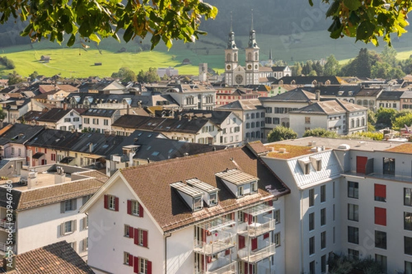 Fototapeta aerial view of Glarus town in canton of Glarus, Switzerland