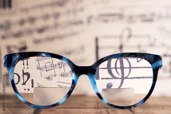 Obraz Eyeglasses Glasses with Bifocals and Black blue Frame smudged agaist musical note sheet.  Blurry Vision Concept