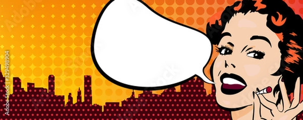 Obraz Smiling woman with open mouth. Okey fingers sign Speech bubble. Dots on the background. Vector image comics styled.