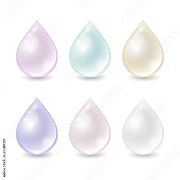 Fototapeta Vector set of cream pastel drops isolated on white background. Different colors droplets can used for template cosmetic ad. Realistic illustration.