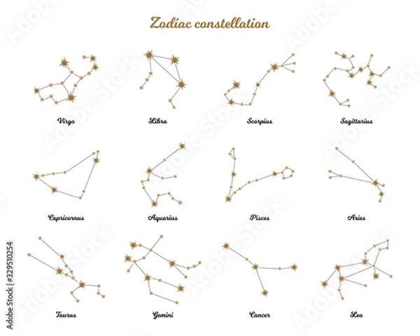 Fototapeta Zodiac constellation. Horoscope. Isolated signs of the zodiac. Gold stars on a white background. Aries, taurus, gemini, cancer, leo, virgo, libra, scorpio, sagittarius, capricorn, aquarius, pisces.