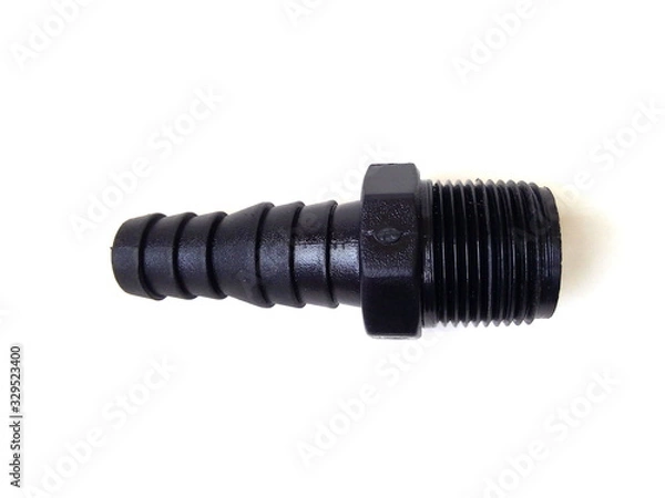 Fototapeta Close up of black plastic pipe fitting isolated on white background. Water pipe.