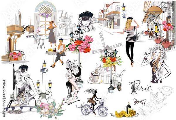 Fototapeta Set of Paris illustrations with fashion girls, cafes and musicians. Vector illustration.