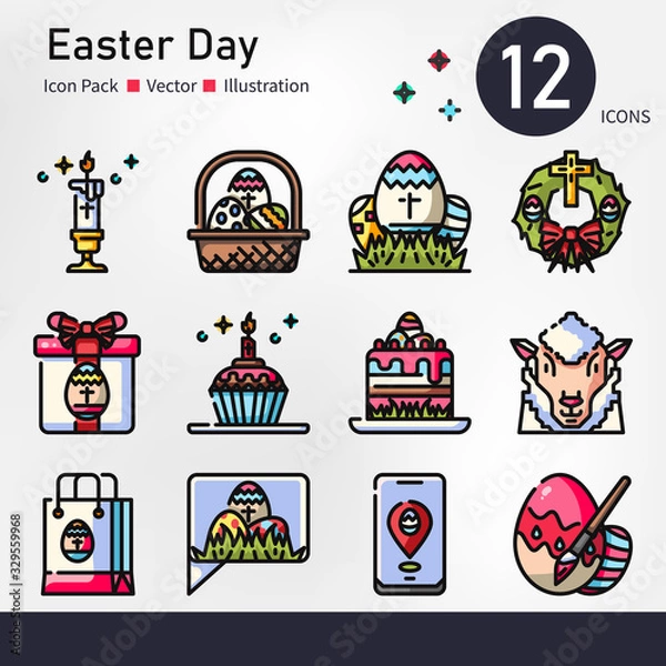 Fototapeta Easter day icon set, vector and illustration color outline