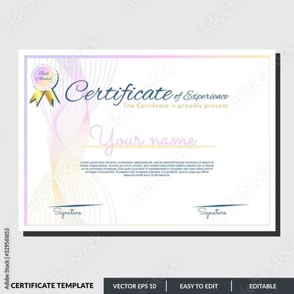 Fototapeta Modern certificate template of appreciation award. Creative certificate design in professional style. Diploma design graduation, award, success. Editable text in vector illustration.