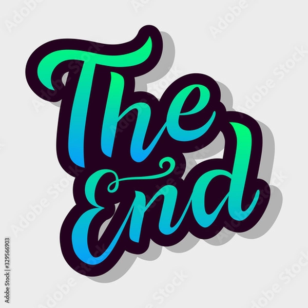 Fototapeta The end gradient lettering text on gray background. Handmade calligraphy vector illustration. Vector design for poster, logo, decor, movie, cinema, card, banner, postcard, final credits and print.