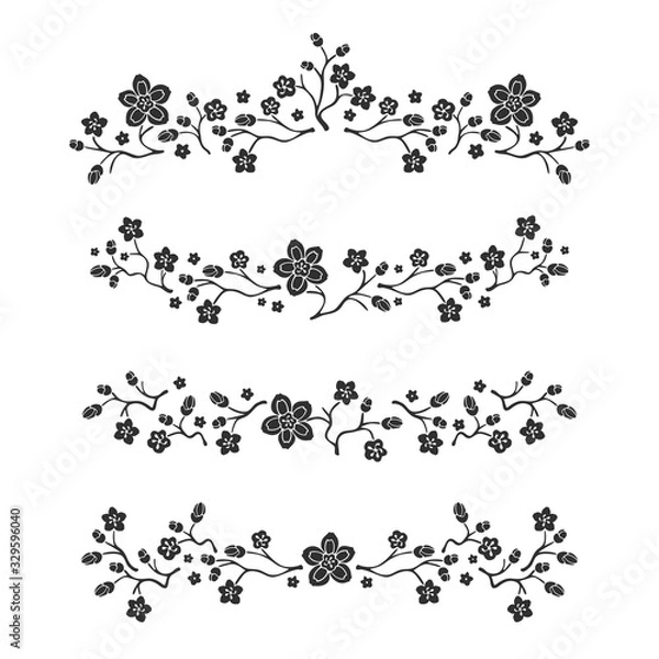 Fototapeta Hand drawn borders. Line sketch dividers with decorative flower elements. Floral text doodle decoration, scribble frame, vector set. 