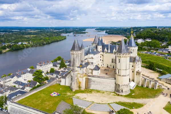 Fototapeta Aerial view of Castle and loire Valley, France.Saumur Castle was built in the tenth century and rebuilt in the late twelfth century