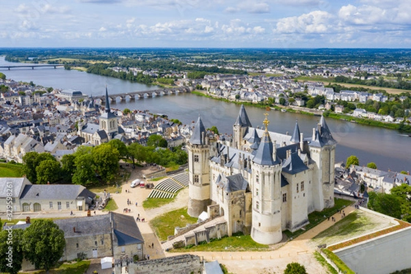 Obraz Aerial view of Castle and loire Valley, France.Saumur Castle was built in the tenth century and rebuilt in the late twelfth century