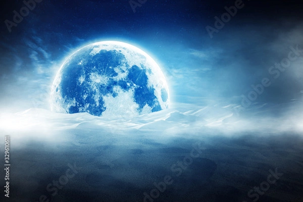 Fototapeta Super moon. a bright full moon and stars above the seascapes at night. Background to the tranquility of nature, outdoor at night.