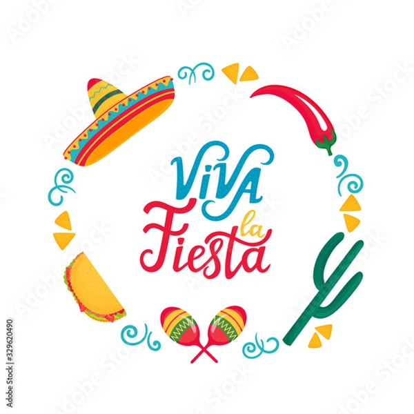 Fototapeta Viva la Fiesta hand drawn lettering. Frame with sombrero, maracas, cactus, tacos and chili pepper