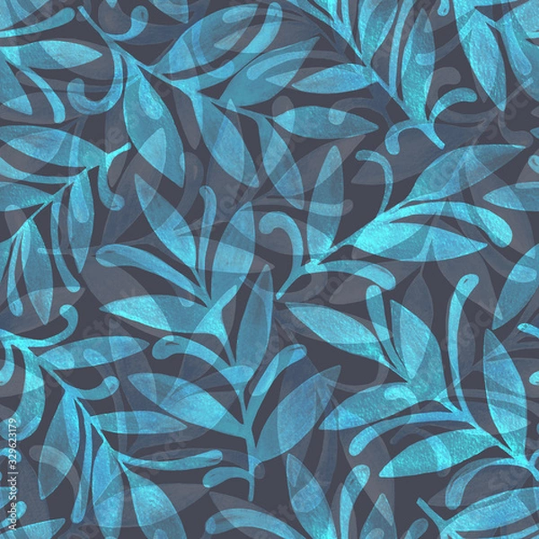 Fototapeta Abstract hand drawn watercolor seamless pattern of blue leaves, branches, curls, flowing lines. Floral illustration for greeting card, invitation, wallpaper, wrapping paper, fabric, textile, packaging