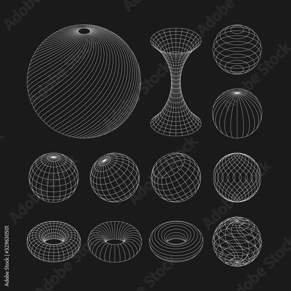 Fototapeta Wireframe earth grid mesh objects set. Network line, HUD design spheres set. Isolated on white background