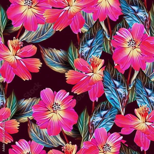 Fototapeta Springflowers with leaves, seamless pattern.