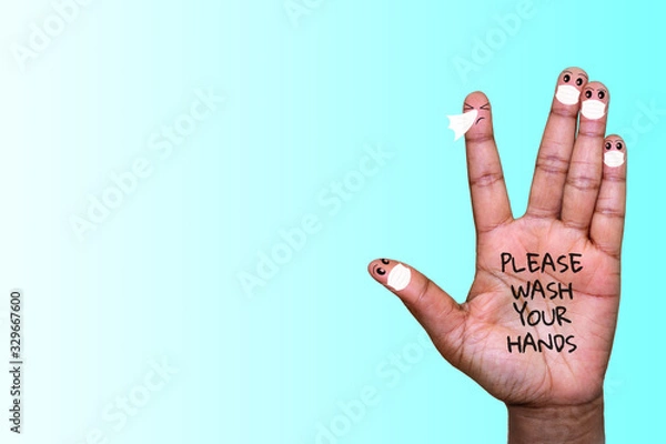 Obraz A hand with finger faces wearing face masks with one finger sneezing, please wash your hands text on hand, with copyspace, washing your hands with soap to stop infection spreading concept