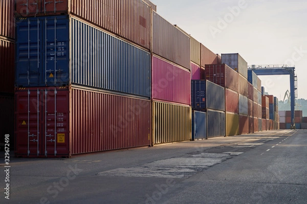 Obraz industrial port with containers. Container stacks at sea port container terminal