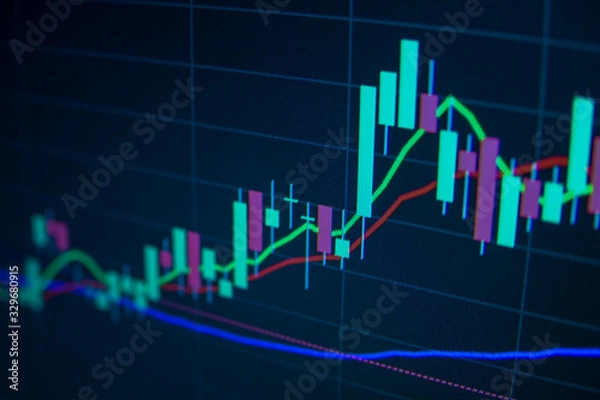 Fototapeta Blue Stock Exchange Market trading graph on screen monitor for economic and financial investment. Business analysis chart display. Stock invest infomation.