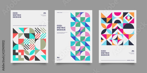 Fototapeta Colorful bauhaus geometric shapes in motion background set. Applicable for gift card,cover,poster. Poster design. Retro covers set.