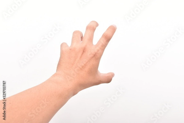 Fototapeta Man's hand to something isolated on white background.