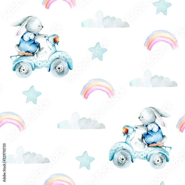 Fototapeta Hand drawing watercolor children's pattern Bunny on a bike and clouds, rainbow, stars. illustration isolated on white