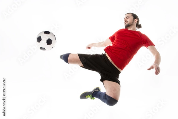 Fototapeta one caucasian soccer player man isolated on white background