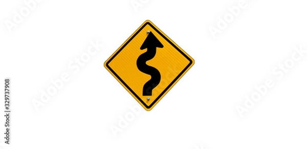 Fototapeta Curve road warning sign isolated on white background.