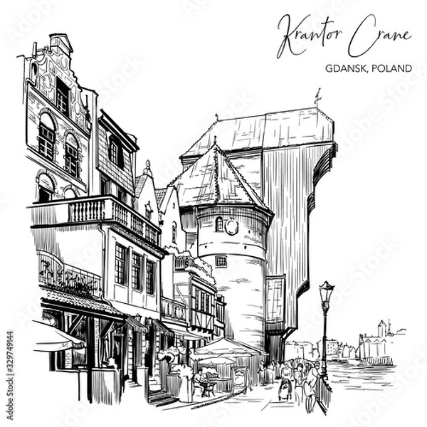 Obraz River Motlawa embankment with the oldest medieval port crane in Europe. Gdansk, Poland. Engraving style sketch. Vintage design. Travel sketchbook drawing. EPS10 vector illustration