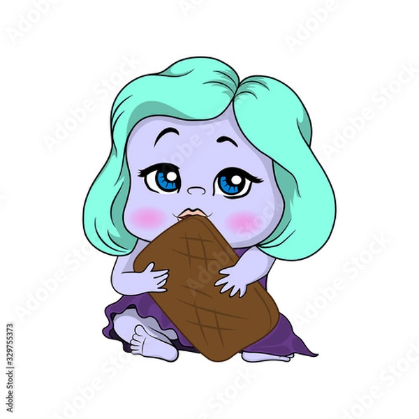 Obraz  An alien baby with turquoise hair and lilac skin eats a huge cookie hugging him with both hands.