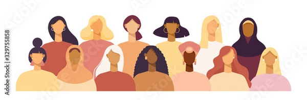 Obraz Grupa kobiet różnych narodowości i kultur, kolorów skóry i fryzur. Społeczeństwo lub populacja, różnorodność społeczna. Bohaterowie kreskówek. Ilustracja wektorowa w płaskiej konstrukcji, na białym tle