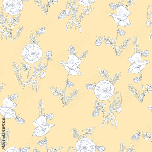 Obraz Seamless Floral Vector Pattern with elegant poppies and butterflies for decoration, print, textile, fabric, stationery