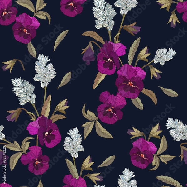 Fototapeta Vector floral seamless pattern with violet pansies and white flowers