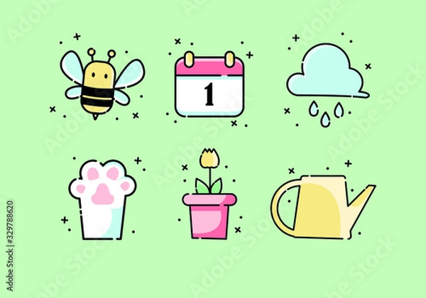 Obraz Set of cute vector icons. Spring icons with a cartoon bee, flower, cloud, paw and watering can on a green background.