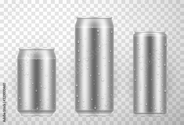 Fototapeta Aluminium can set with fresh water drops