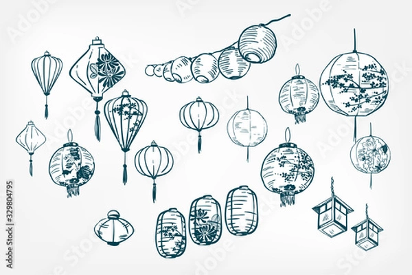 Obraz japanese paper lights sketch vector japanese illustration ink design elements