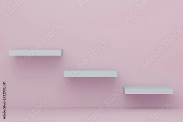 Fototapeta Mock up geometric shape in pastel colors. Minimal 3d rendering scene with composition empty step cube shades of pink pastel podium for cosmetic product and abstract background. 3d illustration