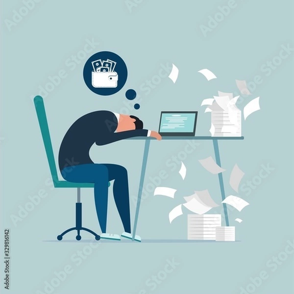 Fototapeta Money problem Financial Trouble Flat Illustration.Professional burnout syndrome. Exhausted sick tired male manager in office sad boring sitting with head down on laptop. Frustrated worker mental healt
