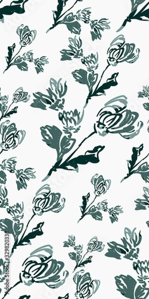Fototapeta ink flower vector sketch illustration japanese chinese oriental line art seamless pattern