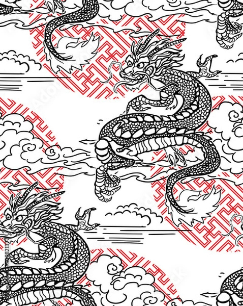Fototapeta dragon card kimono japanese chinese vector design vector japanese chinese oriental line art seamless pattern