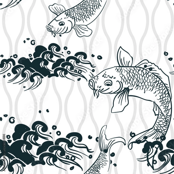 Fototapeta fish koi oriental japanese chinese vector design seamless pattern