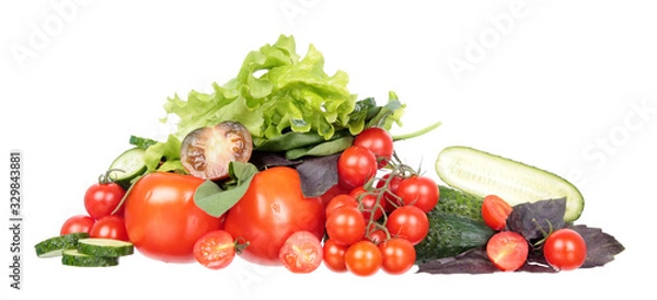 Fototapeta Fresh different red tomatoes, green cucumbers, purple and green basil and sage leaves isolated on white background. Ingredients for vegetable salad