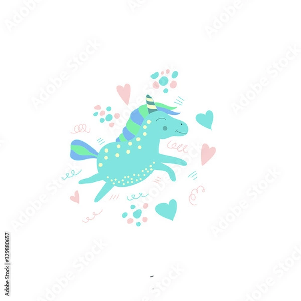 Fototapeta Сute pink boy unicorn cartoon character. Dreamy unicorn in scandinavian style. Painted in bed colors. Illustration for children's clothing and for a children's party.
