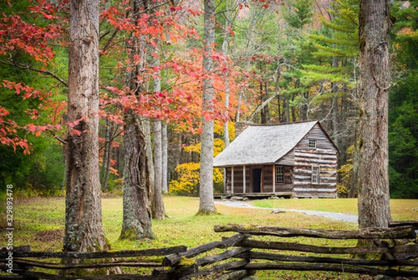 Obraz Autumn at an historic cabin in Cades Cove, Great Smoky Mountains National Park, Tennessee.
