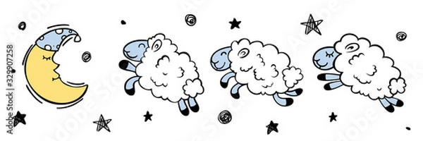 Obraz Półksiężyc i owca. Policz owce przed snem. Doodle ilustracja dla dzieci.