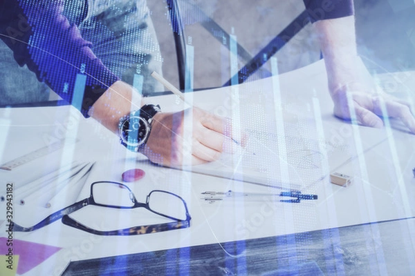 Fototapeta Multi exposure of man standing and planing investment with stock market forex chart.