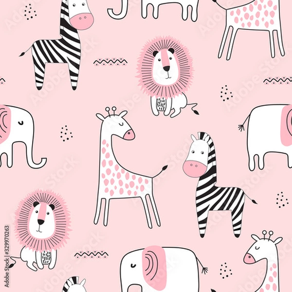 Fototapeta Seamless childish pattern with cute animals in black and white style.