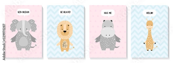 Fototapeta A set of cute cards with animals. Elephant, lion, giraffe, hippo