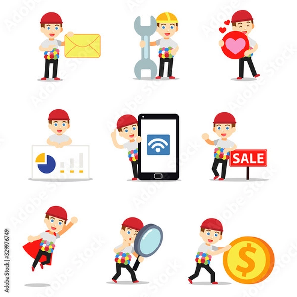 Fototapeta Set character of man as gumball machine with colorful bubble gum.