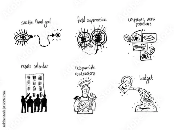 Fototapeta Sketchy drawn symbols for design tips. Calligraphy. Black and white vector illustration. Can be used in social networks, for articles, publications, cards, print on a T-shirt.